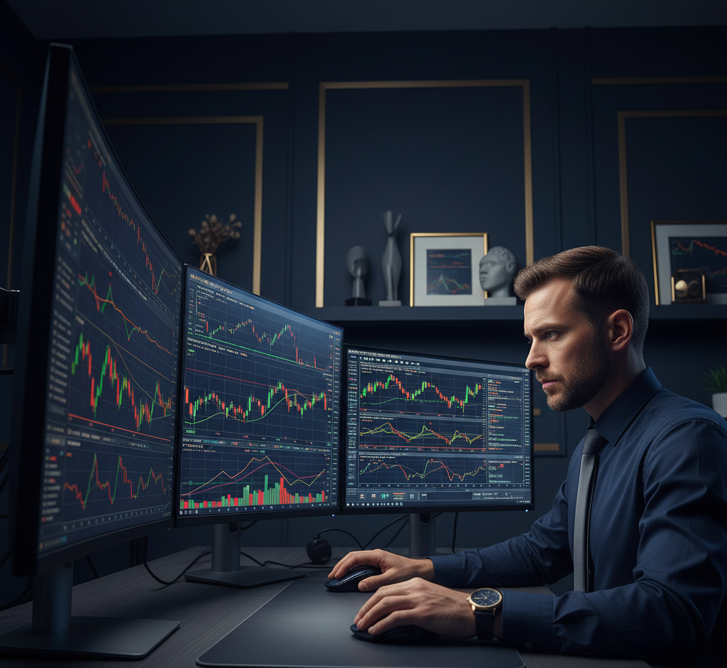 Professional forex trader analyzing complex charts on a screen